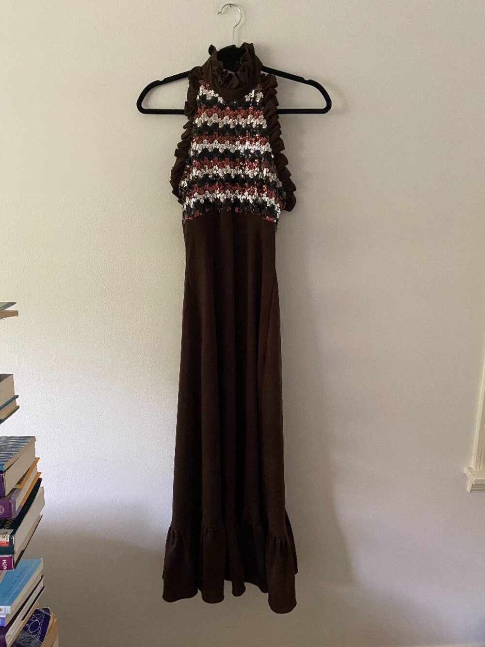 Vintage 1970s Brown Sequin Halter Ruffle Prom Gown Boho Disco XS/S